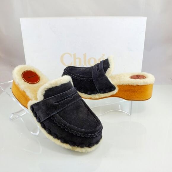 Chloe Shoes - NWT$850 CHLOE Joy Black Suede Shearling Fur Slip-on Clogs Slides Shoes Sz 35 (5)